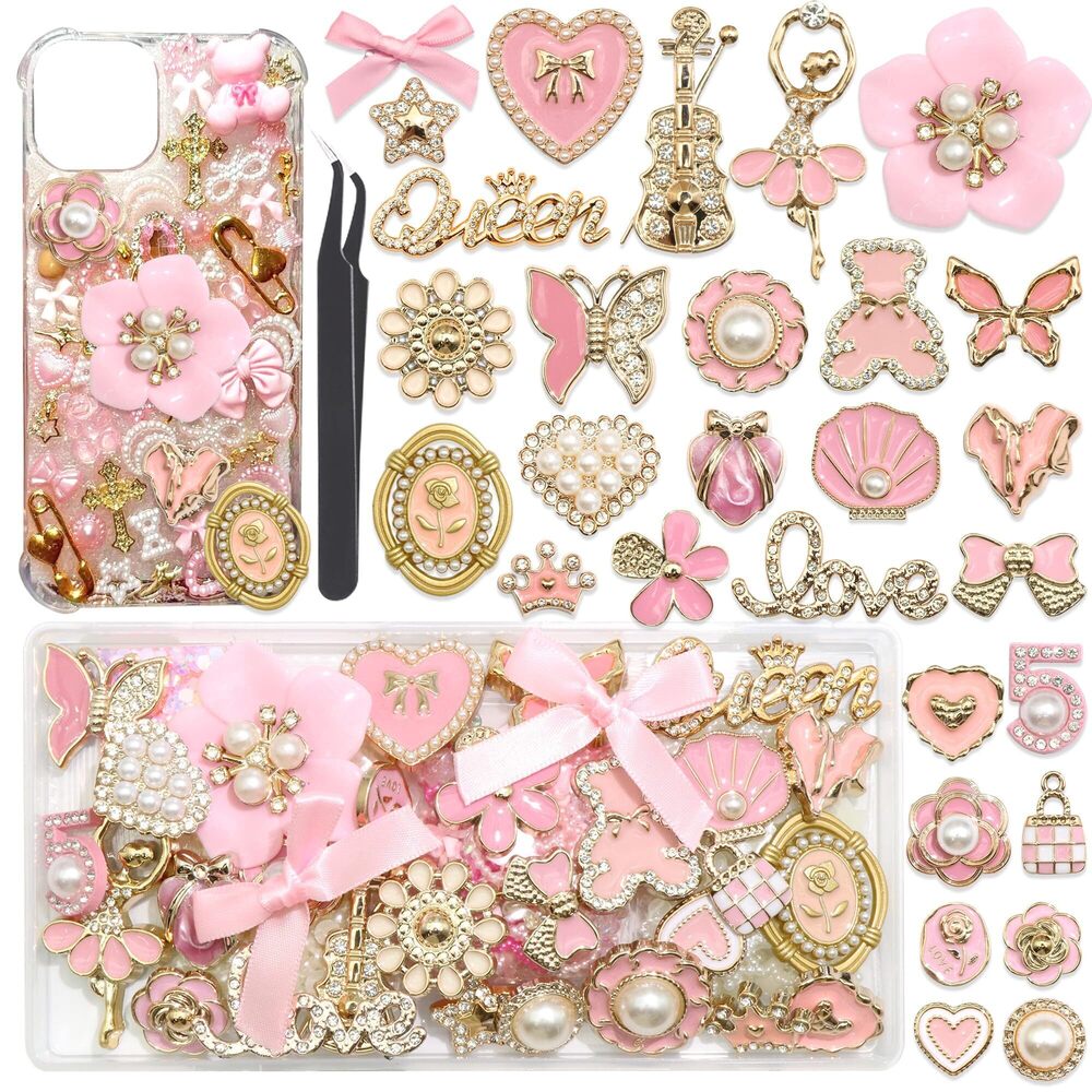 8054 Pink Junk Case Charms Elegant Bow Butterfly Gold Charm for Making